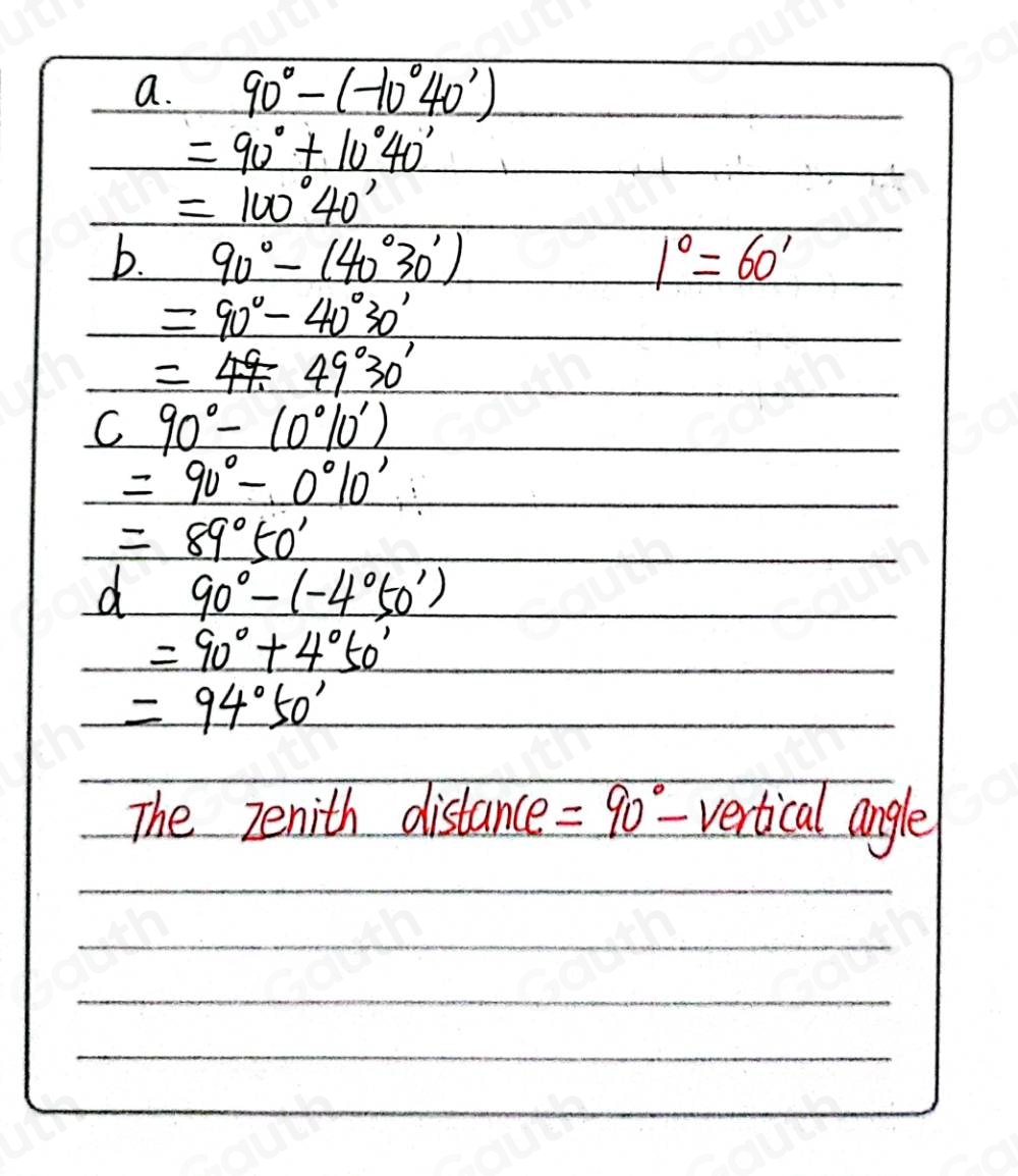 Solved: Express the following vertical angles as zenith distances: a ...