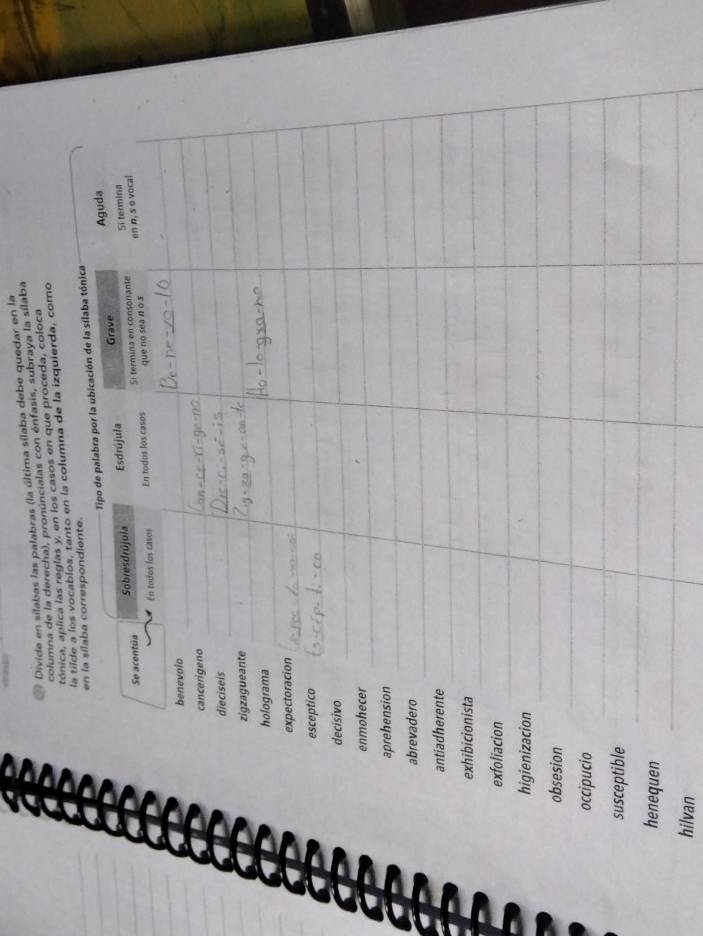 Divide en silabas las palabras (la última sílaba debe quedar en la 
columna de la derecha), pronúncialas con énfasis, subraya la sílaba 
tónica, aplica las reglas y, en los casos en que proceda, coloca 
n la columna de la izquierda, como 
hilvan