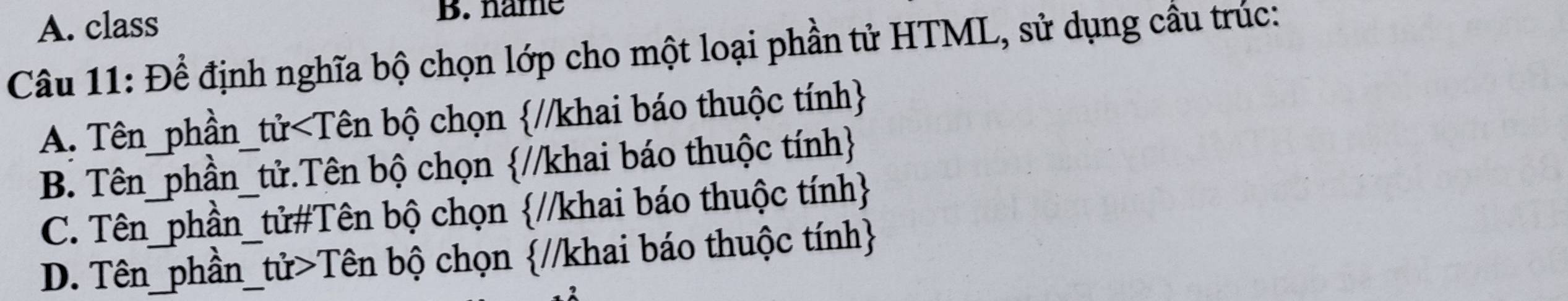 A. class
B. name
Câu 11: Để định nghĩa bộ chọn lớp cho một loại phần tử HTML, sử dụng cầu trúc:
A. Tên_phần_tử
B. Tên_phần_tử.Tên bộ chọn //khai báo thuộc tính
C. Tên_phần_tử#Tên bộ chọn //khai báo thuộc tính
D. Tên_phần_tử>Tên bộ chọn //khai báo thuộc tính