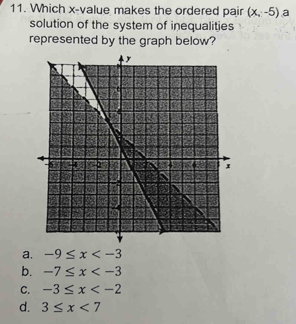 Which x -value makes the ordered pair (x,-5) a
solution of the system of inequalities
represented by the graph below?
a. -9≤ x
b. -7≤ x
C. -3≤ x
d. 3≤ x<7</tex>