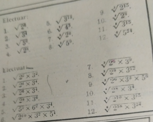 9 sqrt[3](2^(15)). 
Electuar: 
1. sqrt(2^8). 5. sqrt(3^(12)). 10. sqrt[4](2^8). 
2. sqrt(3^4) 6. sqrt[3](4^3). 1 1 . sqrt[3](3^(15)). 
3. sqrt(5^6) 7. sqrt[3](2^0). 12. sqrt[6](5^(24))
4. sqrt(2^8). B sqrt[3](5^9). 
Electuari 
7. sqrt[3](2^6* 3^9). 
1. sqrt(2^2* 3^2). 
3. sqrt[3](2^9* 3^(12)). 
2. sqrt(2^4* 3^4). 
9. sqrt[3](2^6* 3^3* 5^6)
3. sqrt(2^6* 3^4). 10. sqrt[4](2^8* 3^4).
sqrt(2^8* 3^6), 
11 sqrt[4](2^(10)* 3^(15))
5. sqrt(5^2)* 6^2* 3^4. 
6. sqrt(2^(10)* 3^2* 5^4). 12. sqrt[6](2^(18)* 3^(24)).