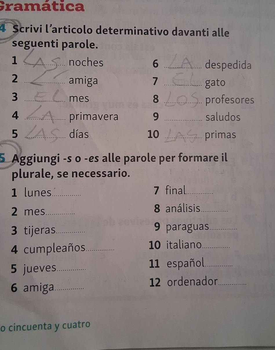 Gramática 
4 Scrivi l’articolo determinativo davanti alle 
seguenti parole. 
1 _noches 6_ 
despedida 
_2 
amiga 7 _gato 
_3 
mes 8 _profesores 
4 _primavera 9 _saludos 
5 _días 10 _primas 
5 Aggiungi -s o -es alle parole per formare il 
plurale, se necessario. 
1 lunes_ 7 final_ 
2 mes_ 8 análisis_ 
3 tijeras_ 
9 paraguas_ 
4 cumpleaños_ 10 italiano_ 
5 jueves_ 11 español._ 
6 amiga_ 
12 ordenador_ 
o cincuenta y cuatro