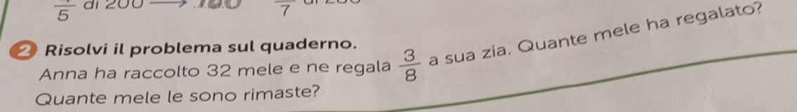 frac 5 ai 200
Anna ha raccolto 32 mele e ne regala  3/8  a sua zia. Quante mele ha regalato? 
Risolvi il problema sul quaderno. 
Quante mele le sono rimaste?