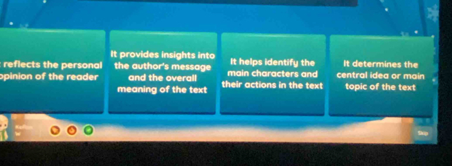 It provides insights into It helps identify the It determines the
: reflects the personal the author's message main characters and central idea or main
opinion of the reader and the overall their actions in the text topic of the text
meaning of the text