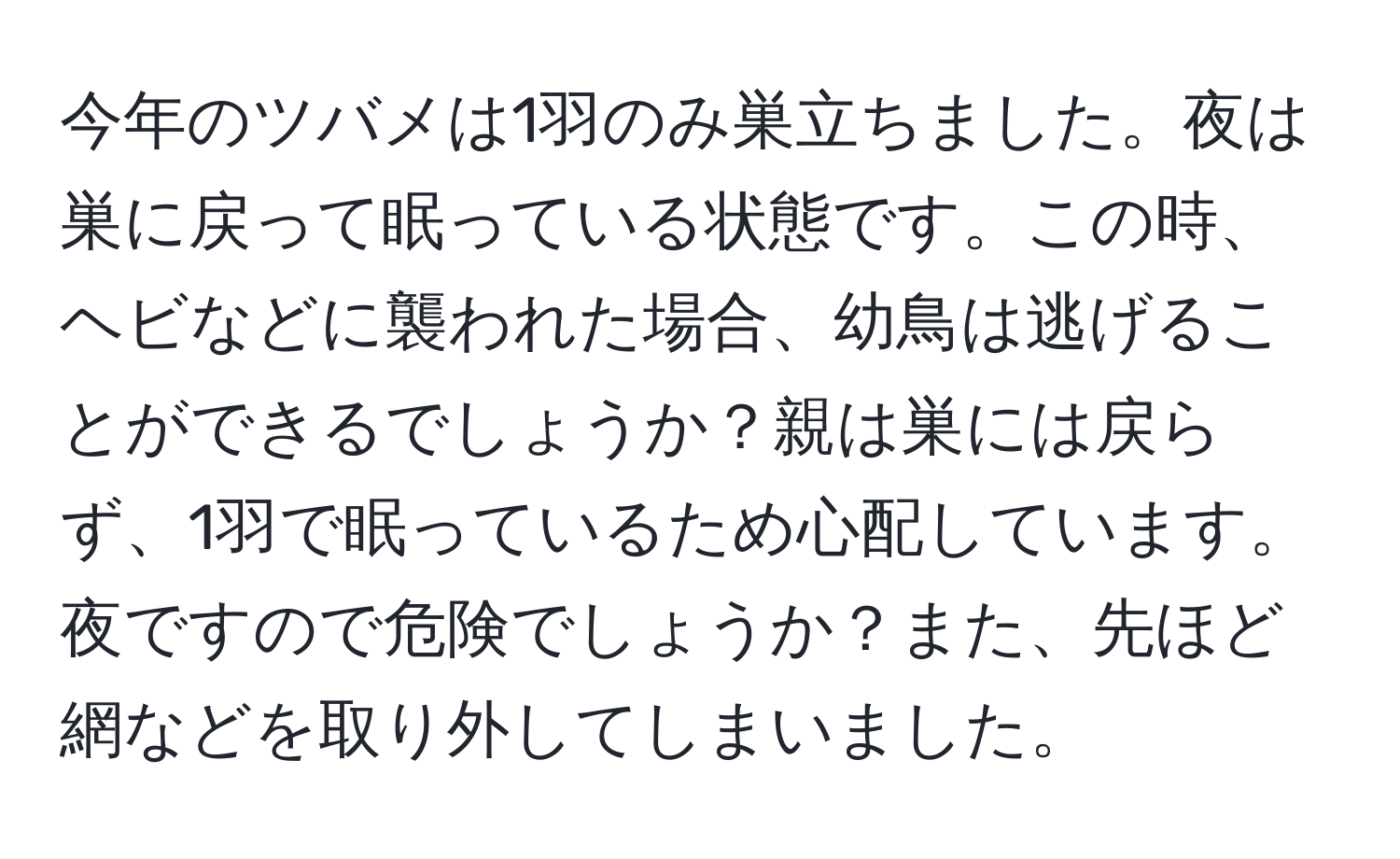 今年のツバメは1羽のみ巣立ちました。夜は巣に戻って眠っている状態です。この時、ヘビなどに襲われた場合、幼鳥は逃げることができるでしょうか？親は巣には戻らず、1羽で眠っているため心配しています。夜ですので危険でしょうか？また、先ほど網などを取り外してしまいました。