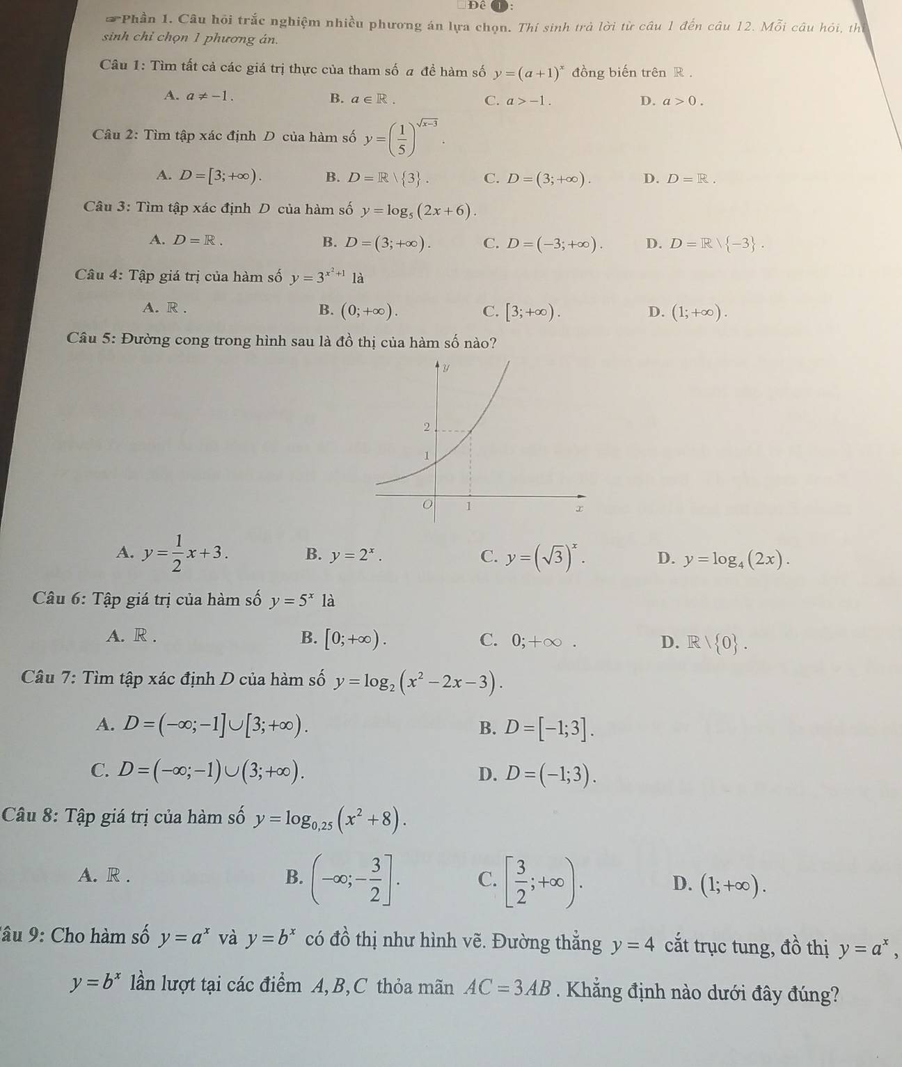 Đề
*Phần 1. Câu hỏi trắc nghiệm nhiều phương án lựa chọn. Thí sinh trà lời từ câu 1 đến câu 12. Mỗi câu hỏi, thể
sinh chỉ chọn 1 phương án.
Câu 1: Tìm tất cả các giá trị thực của tham số a đề hàm số y=(a+1)^x đồng biến trên R .
A. a!= -1. B. a∈ R. C. a>-1. D. a>0.
Câu 2: Tìm tập xác định D của hàm số y=( 1/5 )^sqrt(x-3).
A. D=[3;+∈fty ). B. D=R| 3 . C. D=(3;+∈fty ). D. D=R.
Câu 3: Tìm tập xác định D của hàm số y=log _5(2x+6).
A. D=R. B. D=(3;+∈fty ). C. D=(-3;+∈fty ). D. D=R/ -3 .
Câu 4: Tập giá trị của hàm số y=3^(x^2)+11a
A. R. B. (0;+∈fty ). C. [3;+∈fty ). (1;+∈fty ).
D.
Câu 5: Đường cong trong hình sau là đồ thị của hàm số nào?
B.
A. y= 1/2 x+3. y=2^x. C. y=(sqrt(3))^x. D. y=log _4(2x).
Câu 6: Tập giá trị của hàm số y=5^x là
A. R . B. [0;+∈fty ). C. 0;+∈fty . D. R| 0 .
Câu 7: Tìm tập xác định D của hàm số y=log _2(x^2-2x-3).
A. D=(-∈fty ;-1]∪ [3;+∈fty ). B. D=[-1;3].
C. D=(-∈fty ;-1)∪ (3;+∈fty ). D. D=(-1;3).
Câu 8: Tập giá trị của hàm số y=log _0,25(x^2+8).
A. R . B. (-∈fty ;- 3/2 ]. C. [ 3/2 ;+∈fty ). D. (1;+∈fty ).
'âu 9: Cho hàm số y=a^x và y=b^x có đồ thị như hình vẽ. Đường thẳng y=4 cắt trục tung, đồ thị y=a^x,
y=b^x lần lượt tại các điểm A,B,C thỏa mãn AC=3AB. Khẳng định nào dưới đây đúng?
