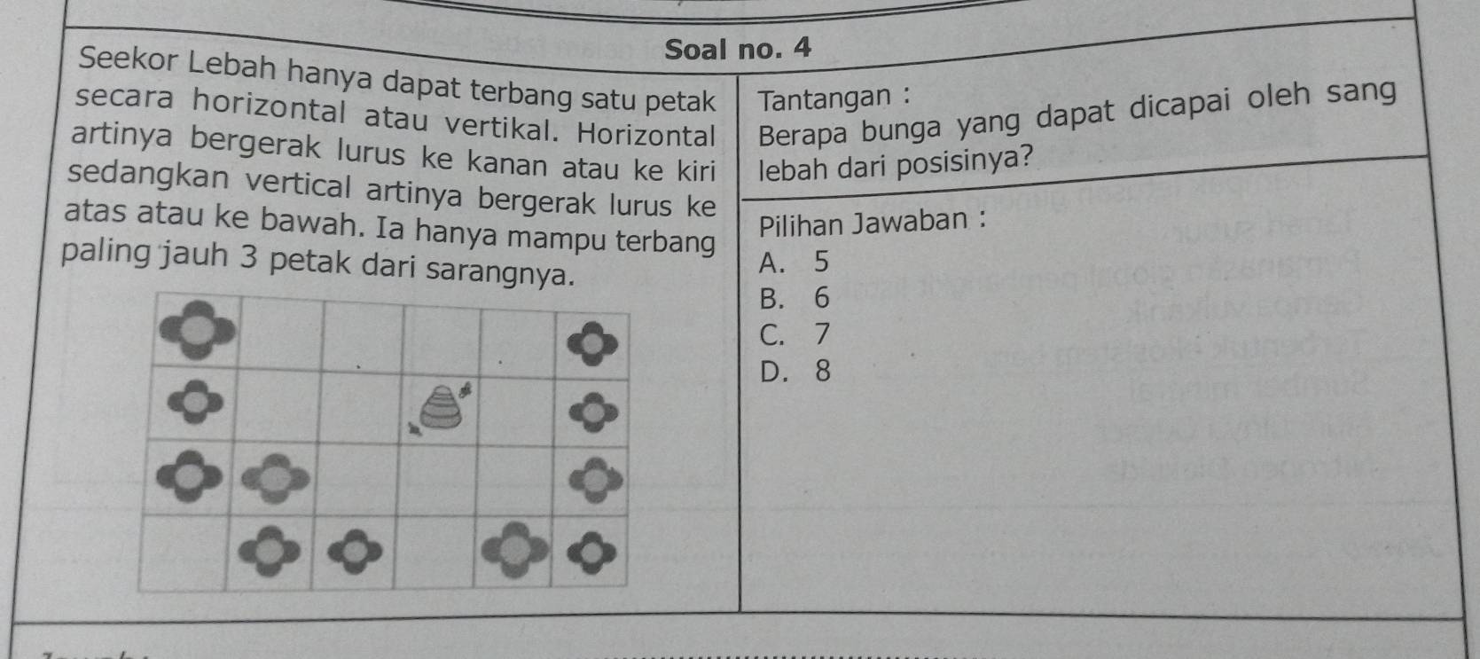 Soal no. 4
Seekor Lebah hanya dapat terbang satu petak Tantangan :
secara horizontal atau vertikal. Horizontal Berapa bunga yang dapat dicapai oleh sang
artinya bergerak lurus ke kanan atau ke kiri lebah dari posisinya?
sedangkan vertical artinya bergerak lurus ke
atas atau ke bawah. Ia hanya mampu terbang Pilihan Jawaban :
paling jauh 3 petak dari sarangnya.
A. 5
B. 6
C. 7
D. 8