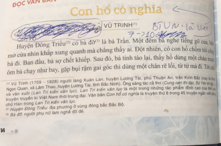 ĐOC VAN BA 
Con hổ có nghĩa 
Vũ TRINH(') 
Huyện Đông Triều' có bà dpartial^((3)) là bà Trần. Một đêm bá nghe tiếng gồ cửa, bè 
mở cửa nhin khắp xung quanh mà chăng thấy ai. Đột nhiên, có con hồ chồm tới công 
bà đí. Ban đầu, bà sợ chết khiếp. Sau đó, bà tinh táo lại, thấy hổ dùng một chân trước 
ôm bà chạy như bay, gặp bụi rậm gai góc thì dùng một chân rẽ lối, từ từ mả đi. Tới chỉ 
* Vũ Trinh (1759 - 1828) người làng Xuân Lan, huyện Lương Tài, phủ Thuận An, trấn Kinh Bắc (nay là thần 
Ngọc Quan, xã Lâm Thao, huyện Lương Tài, tỉnh Bắc Ninh). Ông sáng tác cả thơ (Cung oán thi tập, Sứ Yên thị lập. 
và văn xuôi (Lan Tri kiến văn lục). Lan Tri kiến văn lục là một trong những tác phẩm đỉnh cao của thể c 
truyện truyền ki Việt Nam thời trung đại. Văn bản Con hổ có nghĩa là truyện thứ 8 trong 45 truyện ngn viết bản 
chữ Hán trong Lan Trì kiến văn lục. 
* Huyện Đông Triều: địa phương ở vùng đông bắc Bắc Bộ. 
Bà đỡ: người phụ nữ làm nghề đỡ đẻ. 
14