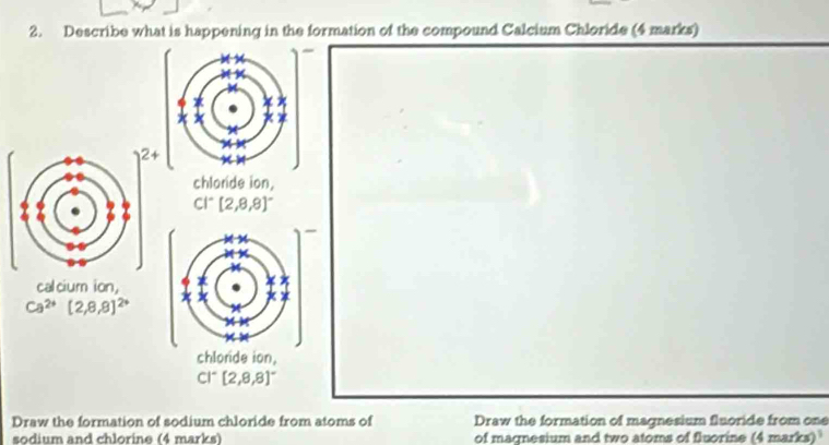 Describe what is happening in the formation of the compound Calcium Chloride (4 marks) 
~ 
2+ 
chloride ion,
CI^-(2,8,8)^-
calcium ion, x
Ca^(2+)[2,8,8]^2+
chloride ion,
CI^-(2,8,8)^-
Draw the formation of sodium chloride from atoms of Draw the formation of magnesium fluoride from one 
sodium and chlorine (4 marks) of magnesium and two atoms of fluorine (4 marks)