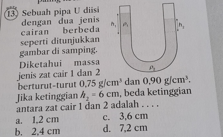 Sebuah pipa U diisi
dengan dua jenis
cairan berbeda h_1 rho _1
h_2
seperti ditunjukkan
gambar di samping.
Diketahui massa
jenis zat cair 1 dan 2
P_2
berturut-turut 0,75g/cm^3 dan 0,90g/cm^3. 
Jika ketinggian h_2=6cm , beda ketinggian
antara zat cair 1 dan 2 adalah . . . .
a. 1,2 cm c. 3,6 cm
b. 2,4 cm d. 7,2 cm