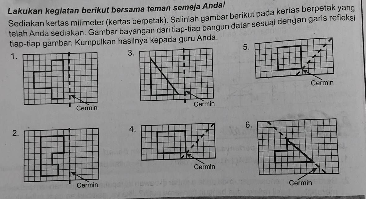 Lakukan kegiatan berikut bersama teman semeja Anda! 
Sediakan kertas milimeter (kertas berpetak). Salinlah gambar berikut pada kertas berpetak yang 
telah Anda sediakan. Gambar bayangan dari tiap-tiap bangun datar sesuai dengan garis refleksi 
tiap-tiap gambar. Kumpulkan hasilnya kepada guru Anda. 
5. 
1. 
3. 
Cermin 
Cermin 
2. 
4. 
6. 
Cermin 
Cermin