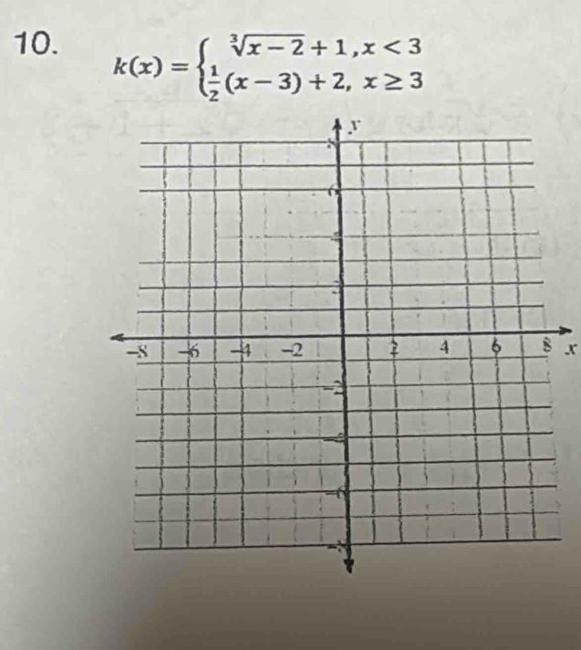 k(x)=beginarrayl sqrt[3](x-2)+1,x<3  1/2 (x-3)+2,x≥ 3endarray.
x