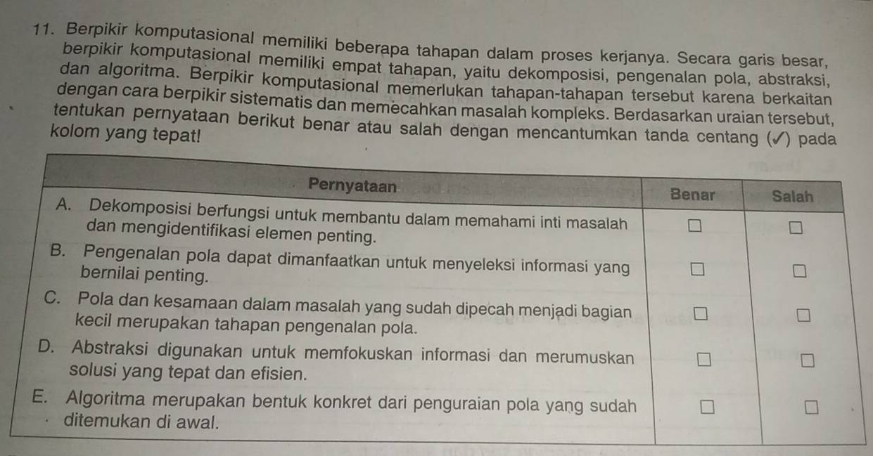 Berpikir komputasional memiliki beberapa tahapan dalam proses kerjanya. Secara garis besar, 
berpikir komputasional memiliki empat tahapan, yaitu dekomposisi, pengenalan pola, abstraksi, 
dan algoritma. Berpikir komputasional memerlukan tahapan-tahapan tersebut karena berkaitan 
dengan cara berpikir sistematis dan memecahkan masalah kompleks. Berdasarkan uraian tersebut, 
tentukan pernyataan berikut benar atau salah dengan mencantumkan tanda centang (✓) pada 
kolom yang tepat!