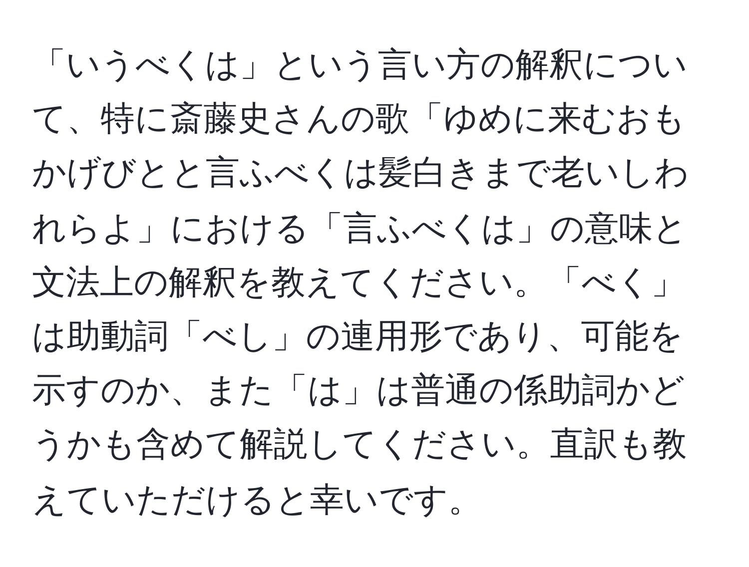 「いうべくは」という言い方の解釈について、特に斎藤史さんの歌「ゆめに来むおもかげびとと言ふべくは髪白きまで老いしわれらよ」における「言ふべくは」の意味と文法上の解釈を教えてください。「べく」は助動詞「べし」の連用形であり、可能を示すのか、また「は」は普通の係助詞かどうかも含めて解説してください。直訳も教えていただけると幸いです。