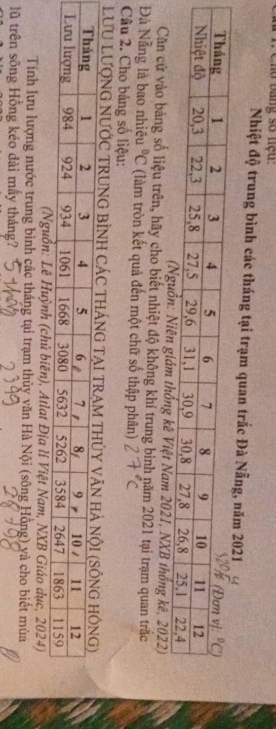 Cho bang số nệu 
Nhiệt độ trung bình các tháng tại trạm quan trắc Đà Nẵng, năm 2021
thống kê Việt Nam 2021, NXB thống kê, 2022)
Căn cứ vào bảng số liệu trên, hãy cho biết nhiệt độ không khí trung bình năm 2021 tại trạm quan trắc
Đà Nẵng là bao nhiêu°C (làm tròn kết quả đến một chữ số thập phân)
Câu 2. Cho bảng số liệu:
LƯU LượNG NƯỚ
(Nguồn: Lê Huỳnh (chủ biên), Atlat Địa lí Việt Nam, NXB Giáo dục, 2024)
Tính lưu lượng nước trung bình các tháng tại trạm thủy văn Hà Nội (sông Hồng) và cho biết mùa
lũ trên sông Hồng kéo dài mấy tháng?