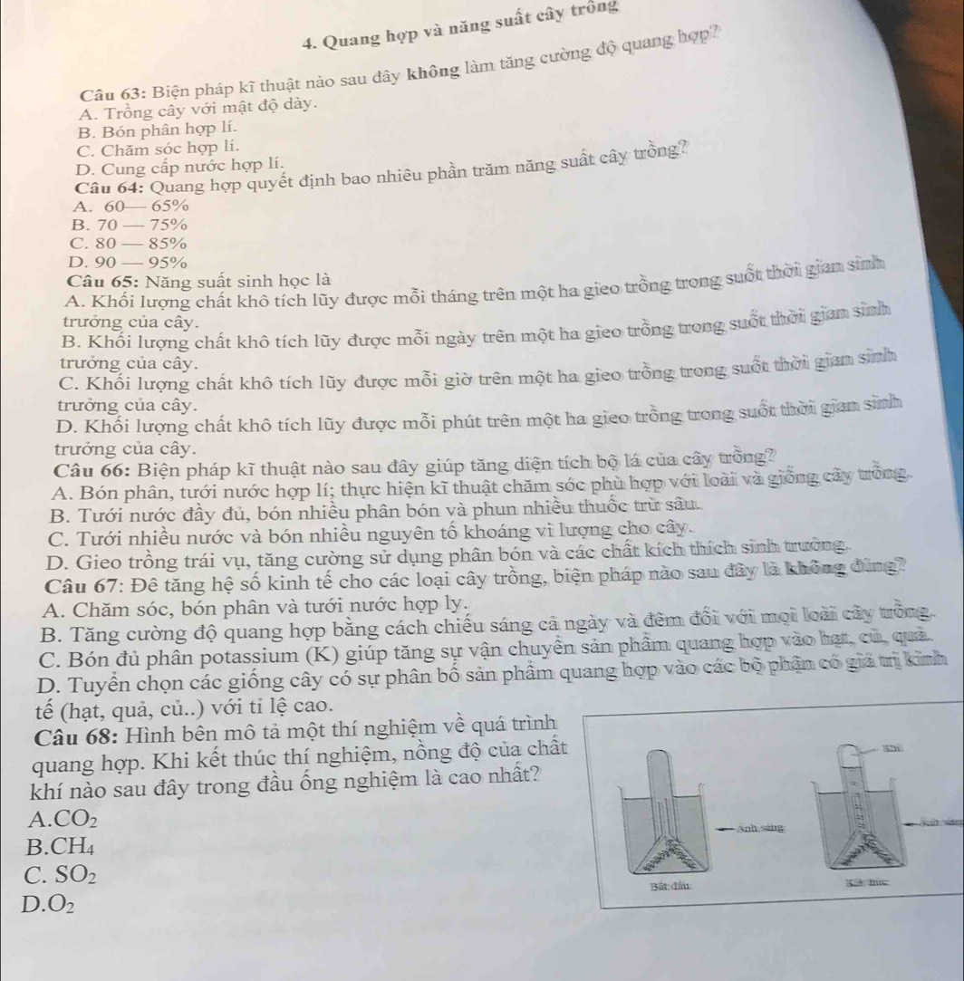 Quang hợp và năng suất cây trống
Câu 63: Biện pháp kĩ thuật nào sau đây không làm tăng cường độ quang hợp?
A. Trồng cây với mật độ dày.
B. Bón phân hợp lí.
C. Chăm sóc hợp lí.
D. Cung cấp nước hợp lí.
Câu 64: Quang hợp quyết định bao nhiêu phần trăm năng suất cây tròng?
A. 60-65%
B. 70-75 5%
C. 80-85 %
D. 90-95%
Câu 65: Năng suất sinh học là
A. Khối lượng chất khô tích lũy được mỗi tháng trên một ha gieo trồng trong suốt thời gian sinh
trưởng của cây.
B. Khối lượng chất khô tích lũy được mỗi ngày trên một ha gieo trồng trong suốt thời gian sinh
trưởng của cây.
C. Khối lượng chất khô tích lũy được mỗi giờ trên một ha gieo trồng trong suốt thời gian sinh
trưởng của cây.
D. Khối lượng chất khô tích lũy được mỗi phút trên một ha gieo trồng trong suốt thời gian sinh
trưởng của cây.
Câu 66: Biện pháp kĩ thuật nào sau đây giúp tăng diện tích bộ lá của cây trồng?
A. Bón phân, tưới nước hợp lí; thực hiện kĩ thuật chăm sóc phù hợp với loài và giống cây trông
B. Tưới nước đầy đủ, bón nhiều phân bón và phun nhiều thuốc trừ sâu.
C. Tưới nhiều nước và bón nhiều nguyên tố khoáng vi lượng cho cây.
D. Gieo trồng trái vụ, tăng cường sử dụng phân bón và các chất kích thích sinh trường.
Câu 67: Đê tăng hệ số kinh tế cho các loại cây trồng, biện pháp nào sau đây là không đùng?
A. Chăm sóc, bón phân và tưới nước hợp ly.
B. Tăng cường độ quang hợp bằng cách chiếu sáng cả ngày và đêm đổi với mọi loài cây trồng.
C. Bón đủ phân potassium (K) giúp tăng sự vận chuyển sản phẩm quang hợp vào hạt, củ, quả.
D. Tuyển chọn các giống cây có sự phân bố sản phẩm quang hợp vào các bộ phận có giá trị kinh
tế (hạt, quả, củ..) với tỉ lệ cao.
Câu 68: Hình bên mô tả một thí nghiệm về quá trình
quang hợp. Khi kết thúc thí nghiệm, nồng độ của chất
khí nào sau đây trong đầu ống nghiệm là cao nhất?
A. CO_2 S sân
B. CH_4
C. SO_2
D. O_2