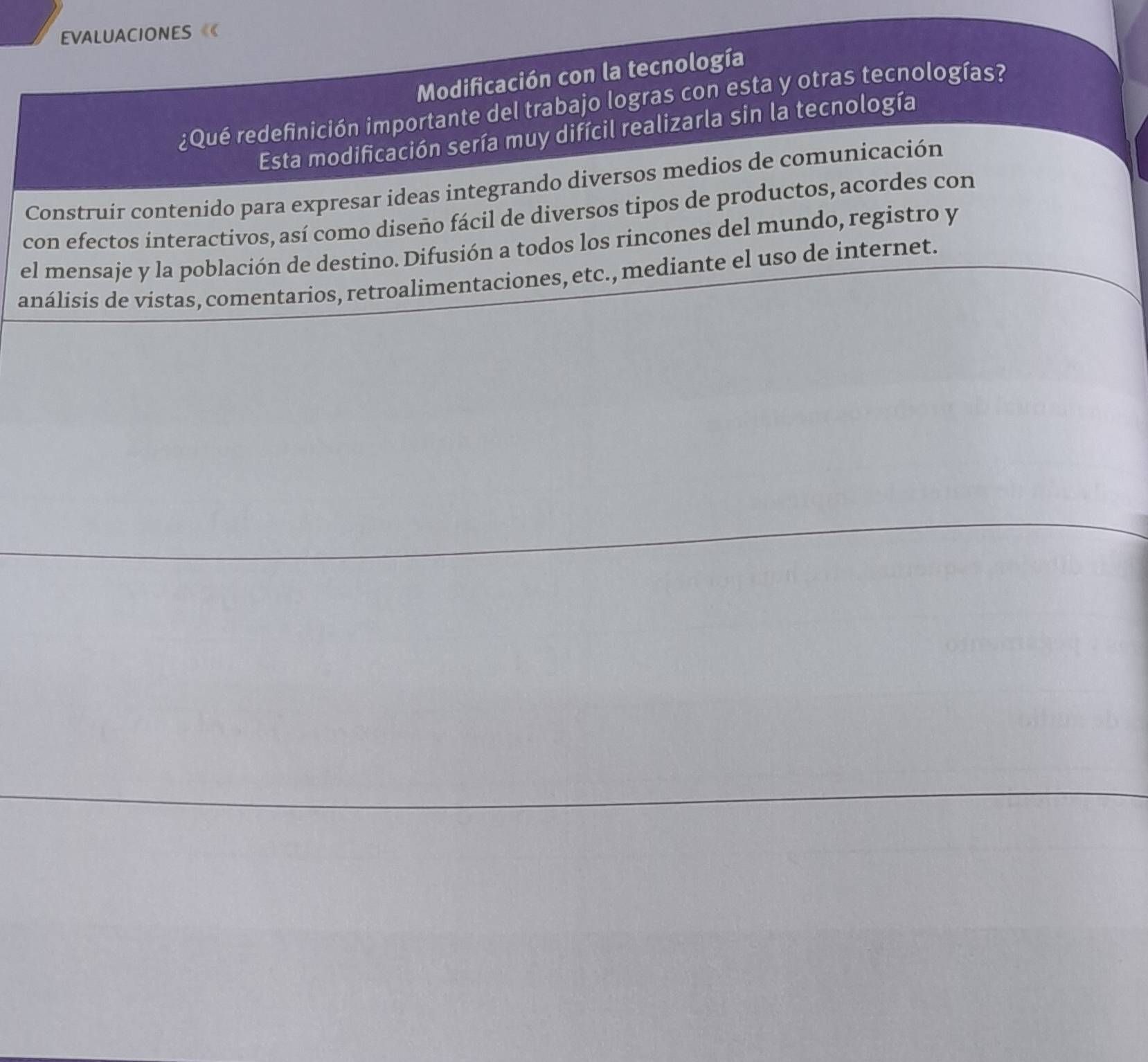 EVALUACIONES《《 
Modificación con la tecnología 
¿Qué redefinición importante del trabajo logras con esta y otras tecnologías? 
Esta modificación sería muy difícil realizarla sin la tecnología 
Construir contenido para expresar ideas integrando diversos medios de comunicación 
con efectos ínteractivos, así como diseño fácil de diversos tipos de productos, acordes con 
el mensaje y la población de destino. Difusión a todos los rincones del mundo, registro y 
análisis de vistas, comentarios, retroalimentaciones, etc., mediante el uso de internet.