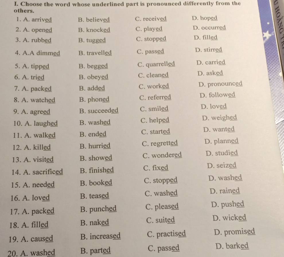 Choose the word whose underlined part is pronounced differently from the
others.
1. A. arrived B. believed C. received D. hoped
2. A. opened B. knocked C. played D. occurred
3. A. rubbed B. tugged C. stopped D. filled
4. A.A dimmed B. travelled C. passed D. stirred
5. A. tipped B. begged C. quarrelled D. carried
6. A. tried B. obeyed C. cleaned D. asked
7. A. packed B. added C. worked D. pronounced
8. A. watched B. phoned C. referred D. followed
9. A. agreed B. succeeded C. smiled D. loved
10. A. laughed B. washed C. helped D. weighed
11. A. walked B. ended C. started
D. wanted
12. A. killed B. hurried C. regretted D. planned
13. A. visited B. showed C. wondered D. studied
14. A. sacrificed B. finished C. fixed
D. seized
15. A. needed B. booked C. stopped D. washed
16. A. loved B. teased C. washed D. rained
17. A. packed B. punched C. pleased D. pushed
C. suited
18. A. filled B. naked D. wicked
19. A. caused B. increased C. practised D. promised
20. A. washed B. parted C. passed
D. barked