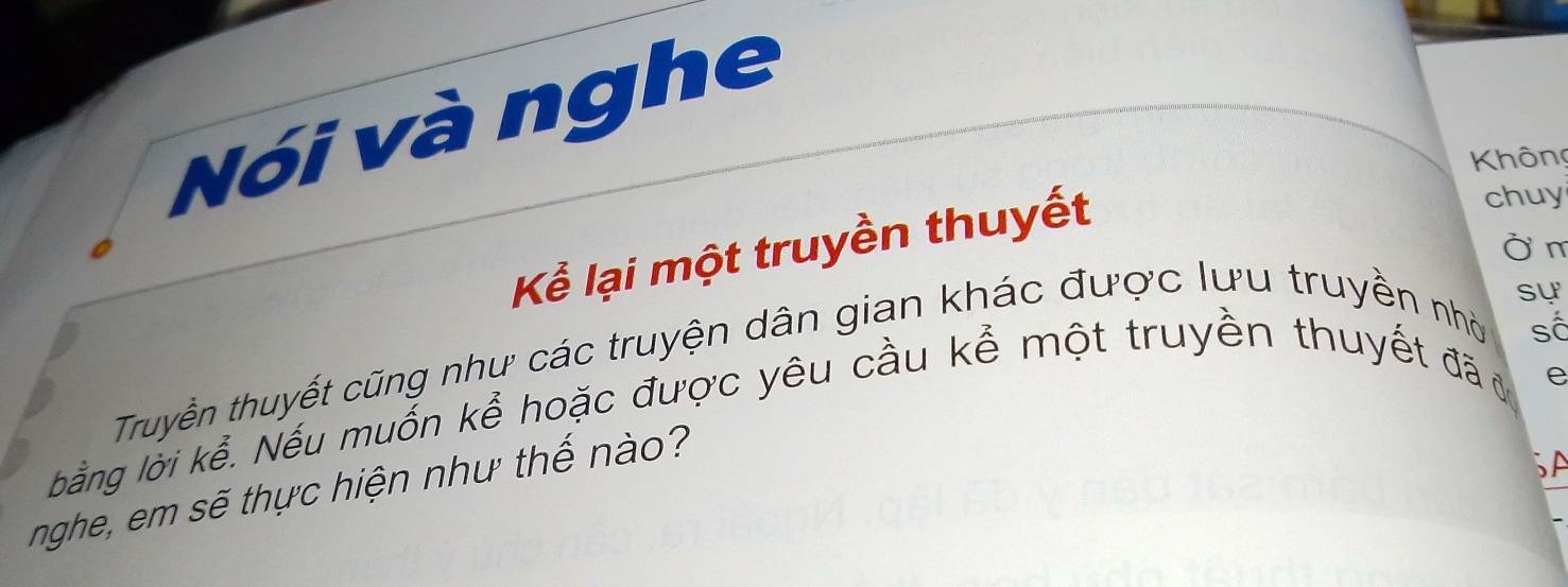 Nói và nghe 
Không 
Kể lại một truyền thuyết 
chuy 
Ở m
sự 
Truyền thuyết cũng như các truyện dân gian khác được lưu truyền nhỏ 
số 
bằng lời kể. Nếu muốn kể hoặc được yêu cầu kể một truyền thuyết đã đ 
e 
nghe, em sẽ thực hiện như thế nào? 
5A