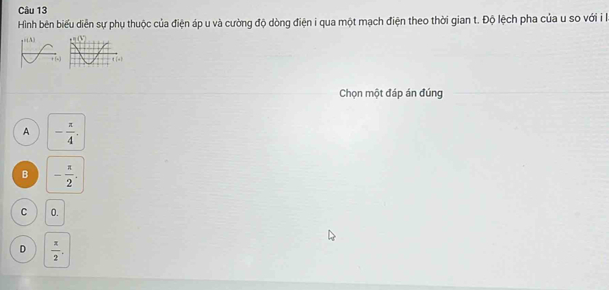 Hình bên biểu diễn sự phụ thuộc của điện áp u và cường độ dòng điện i qua một mạch điện theo thời gian t. Độ lệch pha của u so với i là
Chọn một đáp án đúng
A - π /4 .
B - π /2 .
C 0.
D  π /2 .