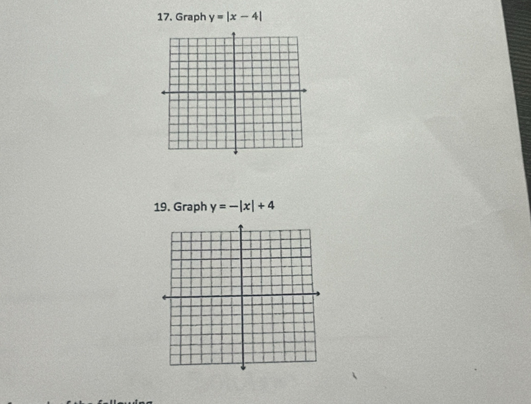 Graph y=|x-4|
19. Graph y=-|x|+4