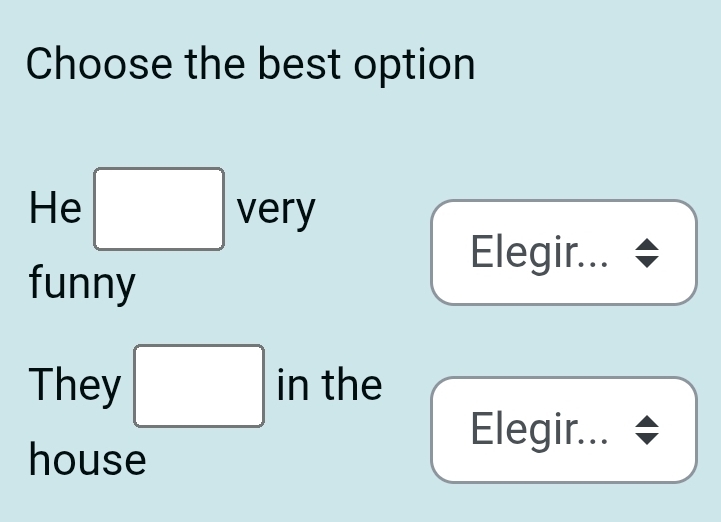 Choose the best option
He very
Elegir...
funny
They □ □  
in the
Elegir...
house