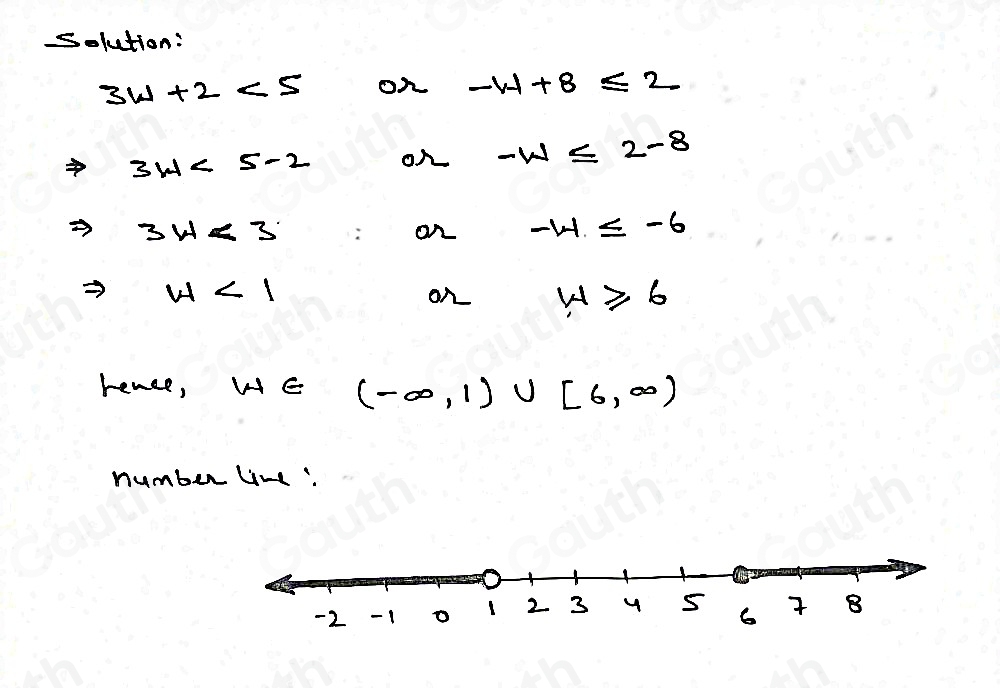 solution:
3w+2<5</tex> on -4+8≤ 2
Rightarrow 3W<5-2</tex> on -w≤ 2-8
Rightarrow 3W<3</tex> 
on -14≤ -6
u<1</tex> 
on W≥slant 6
renee, HE (-∈fty ,1)∪ [6,∈fty )
number line: