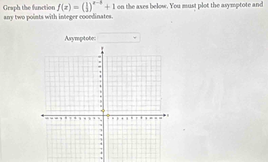 Graph the function f(x)=( 1/3 )^x-8+1 on the axes below. You must plot the asymptote and 
any two points with integer coordinates. 
Asymptote: 
,