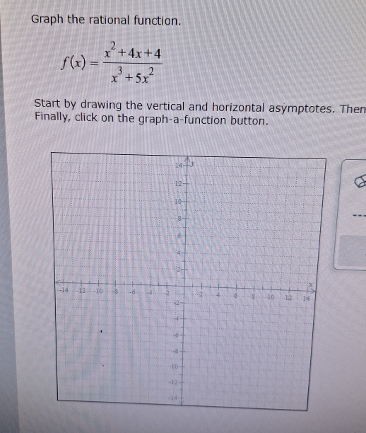 Graph the rational function.
f(x)= (x^2+4x+4)/x^3+5x^2 
Start by drawing the vertical and horizontal asymptotes. Then 
Finally, click on the graph-a-function button.