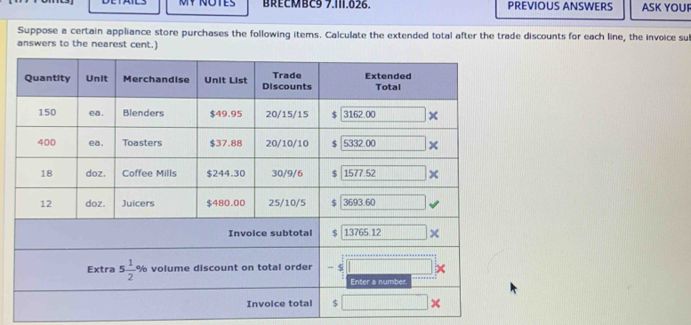 BRECMBC9 7.11.826. PREVIOUS ANSWERS ASK YOUF
Suppose a certain appliance store purchases the following items. Calculate the extended total after the trade discounts for each line, the invoice su
answers to the nearest cent.)