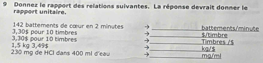 Donnez le rapport des relations suivantes. La réponse devrait donner le 
rapport unitaire.
142 battements de cœur en 2 minutes battements/ minute
3,30$ pour 10 timbres $/timbre
3,30$ pour 10 timbres Timbres / $
1,5 kg 3,49$ kg/$
230 mg de HCl dans 400 ml d’eau
mg/ml