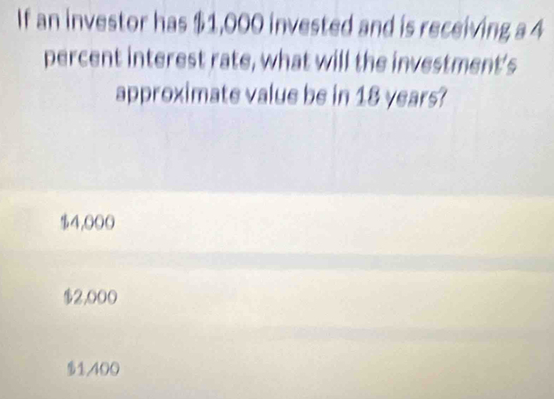 If an investor has $1,000 invested and is receiving a 4
percent interest rate, what will the investment's
approximate value be in 18 years?
$4,000
$2,000
1.400