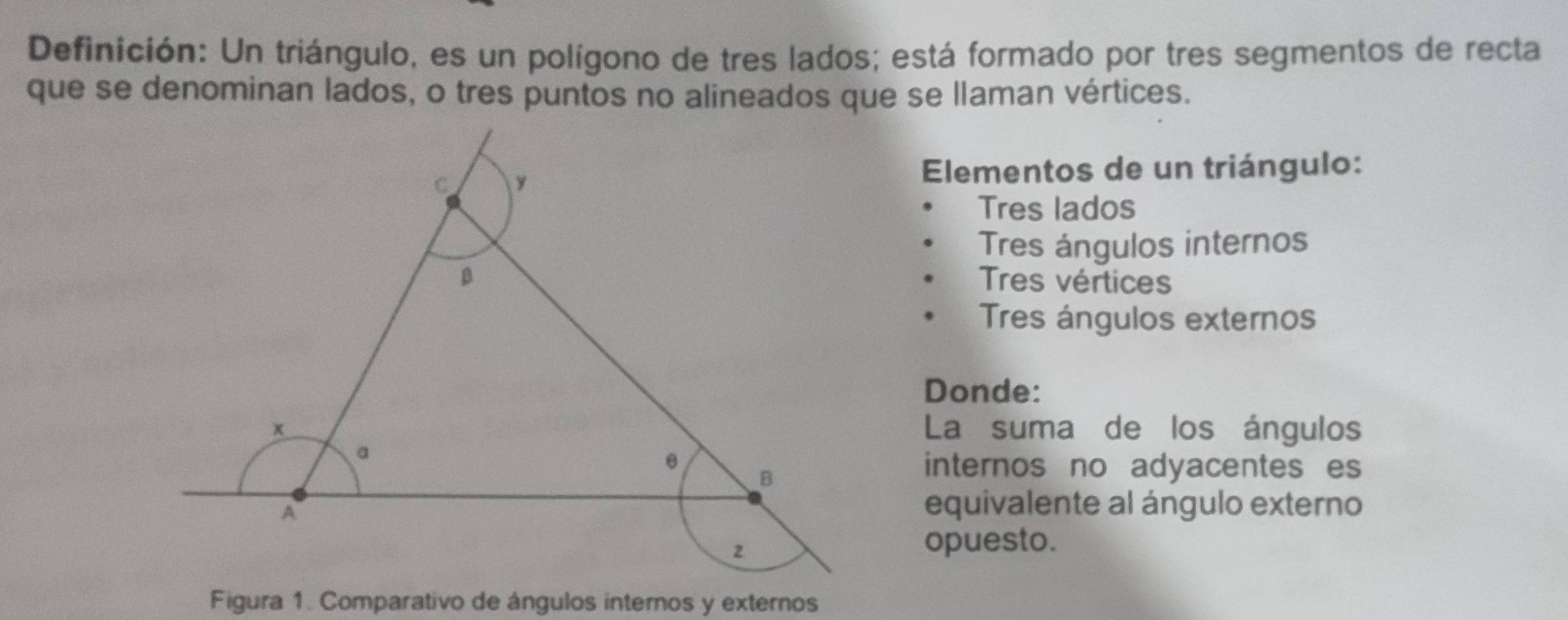 Definición: Un triángulo, es un polígono de tres lados; está formado por tres segmentos de recta
que se denominan lados, o tres puntos no alineados que se llaman vértices.
Elementos de un triángulo:
Tres lados
Tres ángulos internos
Tres vértices
Tres ángulos externos
Donde:
La suma de los ángulos
internos no adyacentes es
equivalente al ángulo externo
opuesto.
Figura 1. Comparativo de ángulos internos y externos