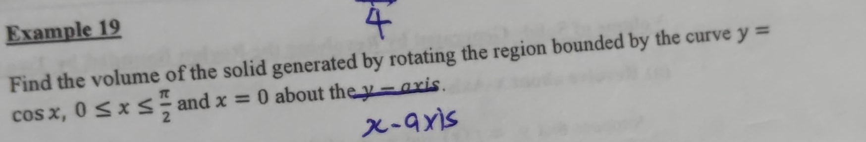 Example 19 y=
Find the volume of the solid generated by rotating the region bounded by the curve
cos x, 0≤ x≤  π /2  and x=0 about the y - axis.