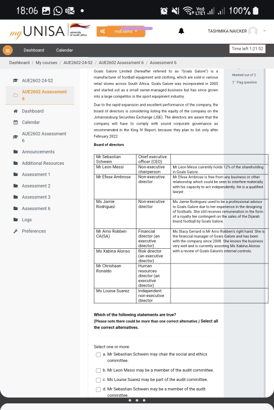 18:06.Ⅲ100% 
my UNISA myExams TASHMIKA NAICKER
Dashboard Calendar Time left 1:21:52
Dashboard / My courses / AUE2602-24-S2 / AUE2602 Assessment 6 / Assessment 6
Goals Galore Limited (hereafter referred to as 'Goals Galore') is e
manufacturer of football equioment and clothing, which are sold in various Marked out of 2
AUE2602-24-S2 retail stores across South Africa. Goals Galore was incorporated in 2005  Flag question
and started out as a small owner-managed business but has since grown
AUE2602 Assessment into a large competitor in the sport equipment industry.
6
Due to the rapid expansion and excellent performance of the company, the
Dashboard board of directors is considering listing the equity of the company on the
Johannesburg Securities Exchange (JSE). The directors are aware that the
Callendar  company will have to comply with sound comporate goverance as
AUE2602 Assessment February 2022. recommended in the King IV Report, because they plan to list only after
6
Board of directors
Announcements 
Additional Resources 
Assessment 1 
Assessment 2
Assessment 3 
Assessment 6 
Logs
Preferences 
Which of the following statements are true?
(Please note there could be more than one correct alternative.) Select al
the correct alternatives.
Select one or more:
a. Mr Sebastian Schwein may chair the social and ethics
committee.
b. Mr Leon Messi may be a member of the audit committee.
c. Ms Louise Suarez may be part of the audit committee
d. Mr Sebastian Schwein may be a member of the audit
committee
.