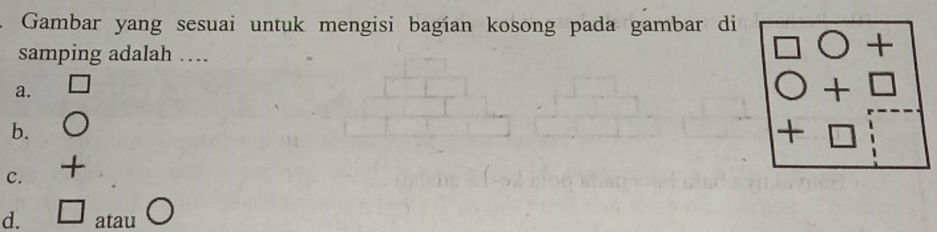 Gambar yang sesuai untuk mengisi bagian kosong pada gambar di
samping adalah …
□ bigcirc +
□ 
a.
bigcirc +□
b.
+
c. +
d. □ _atau