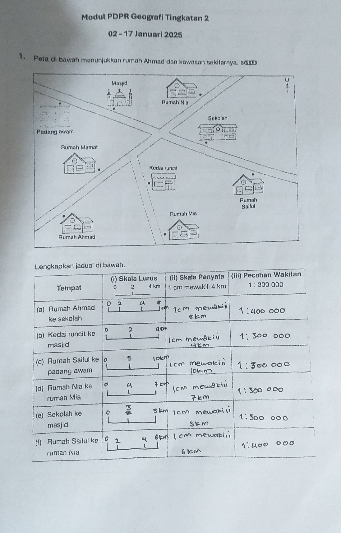 Modul PDPR Geografi Tingkatan 2
02 - 17 Januari 2025
1. Peta di bawah menunjukkan rumah Ahmad dan kawasan sekitarnya. 6