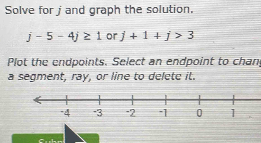 Solve for j and graph the solution.
j-5-4j≥ 1 or j+1+j>3
Plot the endpoints. Select an endpoint to chan 
a segment, ray, or line to delete it.