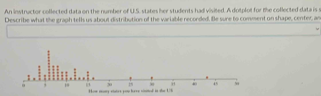 An instructor collected data on the number of U.S. states her students had visited. A dotplot for the collected data is s 
Describe what the graph tells us about distribution of the variable recorded. Be sure to comment on shape, center, an