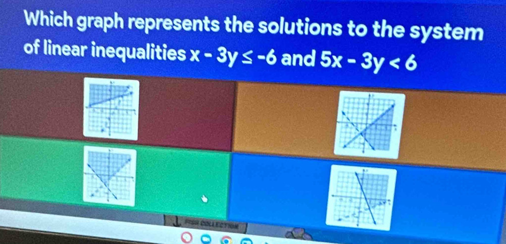 Which graph represents the solutions to the system
of linear inequalities x-3y≤ -6 and 5x-3y<6</tex> 
FISH COLLECTION
