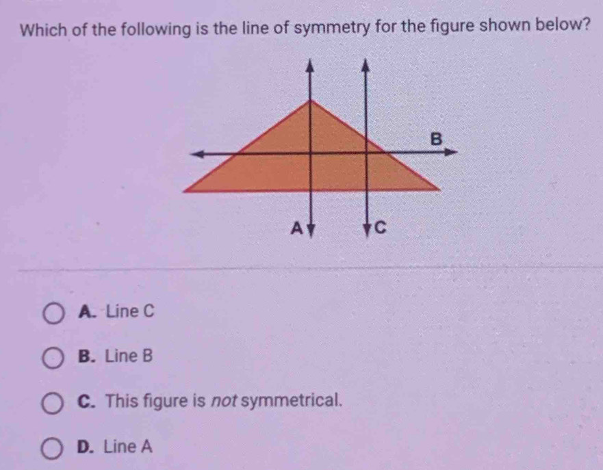 Which of the following is the line of symmetry for the figure shown below?
A. Line C
B. Line B
C. This figure is not symmetrical.
D. Line A