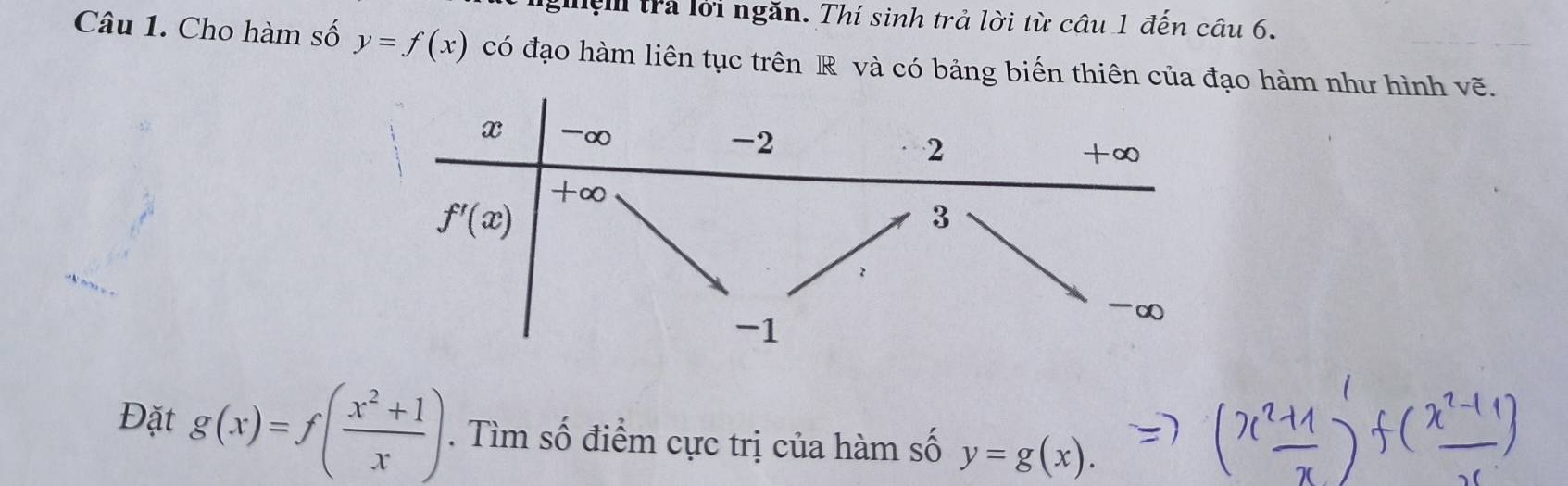 nghệm trả lời ngăn. Thí sinh trả lời từ câu 1 đến câu 6.
Câu 1. Cho hàm số y=f(x) có đạo hàm liên tục trên R và có bảng biến thiên của đạo hàm như hình vẽ.
Đặt g(x)=f( (x^2+1)/x ). Tìm số điểm cực trị của hàm số y=g(x).