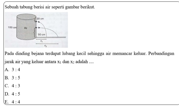 Sebuah tabung berisi air seperti gambar berikut.
Pada dinding bejana terdapat lubang kecil sehingga air memancar keluar. Perbandingan
jarak air yang keluar antara X_1 dan X_2 adalah ....
A. 3:4
B. 3:5
C. 4:3
D. 4:5
E. 4:4