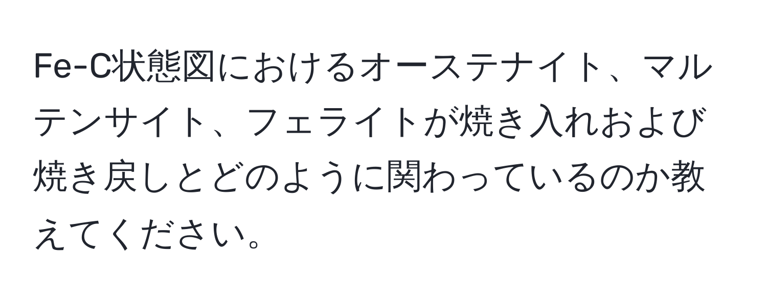 Fe-C状態図におけるオーステナイト、マルテンサイト、フェライトが焼き入れおよび焼き戻しとどのように関わっているのか教えてください。