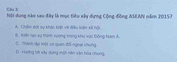 Nội dung nào sau đây là mục tiêu xây dựng Cộng đồng ASEAN năm 2015?
A. Chấm dứt sự khác biệt về điều kiện xã hội.
B. Kiến tạo sự thịnh vượng trong khu vực Đông Nam Á.
C. Thành lập một cơ quan đối ngoại chung.
D. Hướng tới xây dựng một nền văn hóa chung.