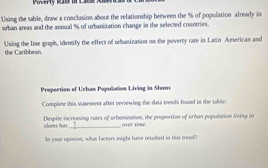 Poverty Rate in Latin America 
Using the table, draw a conclusion about the relationship between the % of population already in 
urban areas and the annual % of urbanization change in the selected countries. 
Using the line graph, identify the effect of urbanization on the poverty rate in Latin American and 
the Caribbean. 
Proportion of Urban Population Living in Slums 
Complete this statement after reviewing the data trends found in the table: 
Despite increasing rates of urbanization, the proportion of urban population living in 
slums has_ over time. 
In your opinion, what factors might have resulted in this trend?