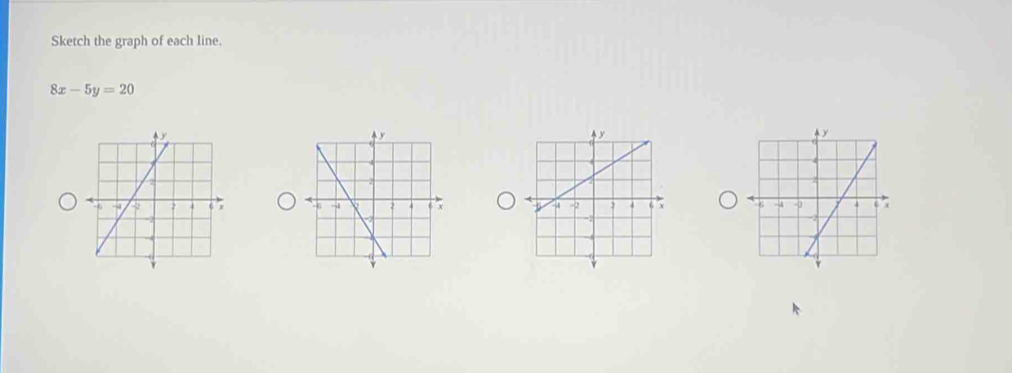 Sketch the graph of each line.
8x-5y=20