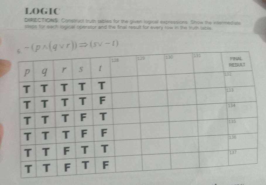 LOGIC 
DIRECTIONS: Construct truth tables for the given logical expressions. Show the intermediate 
stteps for each logical operator and the final result for every row in the truth table.
sim (pwedge (qvee r))Rightarrow (svee sim t)