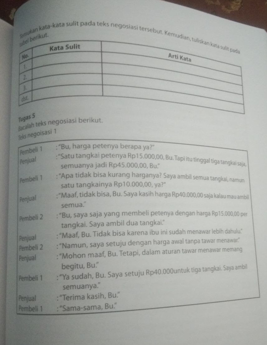 mukan kata~kata sulit pada teks negosiasi tersebut. Ke 
Tuga 
Bacalah teks negosiasi berikut. 
Teks negoisasi 1 
Pembeli 1 :“Bu, harga petenya berapa ya?” 
Penjual :“Satu tangkai petenya Rp15.000,00, Bu. Tapi itu tinggal tiga tangkai saja, 
semuanya jadi Rp45.000,00, Bu." 
Pembeli 1 : ''Apa tidak bisa kurang harganya? Saya ambil semua tangkai, namun 
satu tangkainya Rp10.000,00, ya?” 
Penjual :"Maaf, tidak bisa, Bu. Saya kasih harga Rp40.000,00 saja kalau mau ambil 
semua." 
Pembeli 2 :“Bu, saya saja yang membeli petenya dengan harga Rp15.000,00 per 
tangkai. Saya ambil dua tangkai." 
Penjual : “Maaf, Bu. Tidak bisa karena ibu ini sudah menawar lebih dahulu.” 
Pembeli 2 : “Namun, saya setuju dengan harga awal tanpa tawar menawar.” 
Penjual :“Mohon maaf, Bu. Tetapi, dalam aturan tawar menawar memang 
begitu, Bu.’ 
Pembeli 1 :“Ya sudah, Bu. Saya setuju Rp40.000untuk tiga tangkai. Saya ambil 
semuanya.” 
Penjual : “Terima kasih, Bu.” 
Pembeli 1 : ''Sama-sama, Bu.''