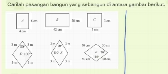 Carilah pasangan bangun yang sebangun di antara gambar berikut.
50 cm 50 cm
F 70°
50 cm 110°
50 cm